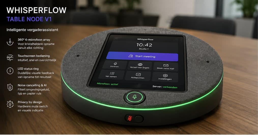 De WhisperFlow Table Node: vergaderassistent met 360°-microfoonarray, touchscreen en LED-statusring.