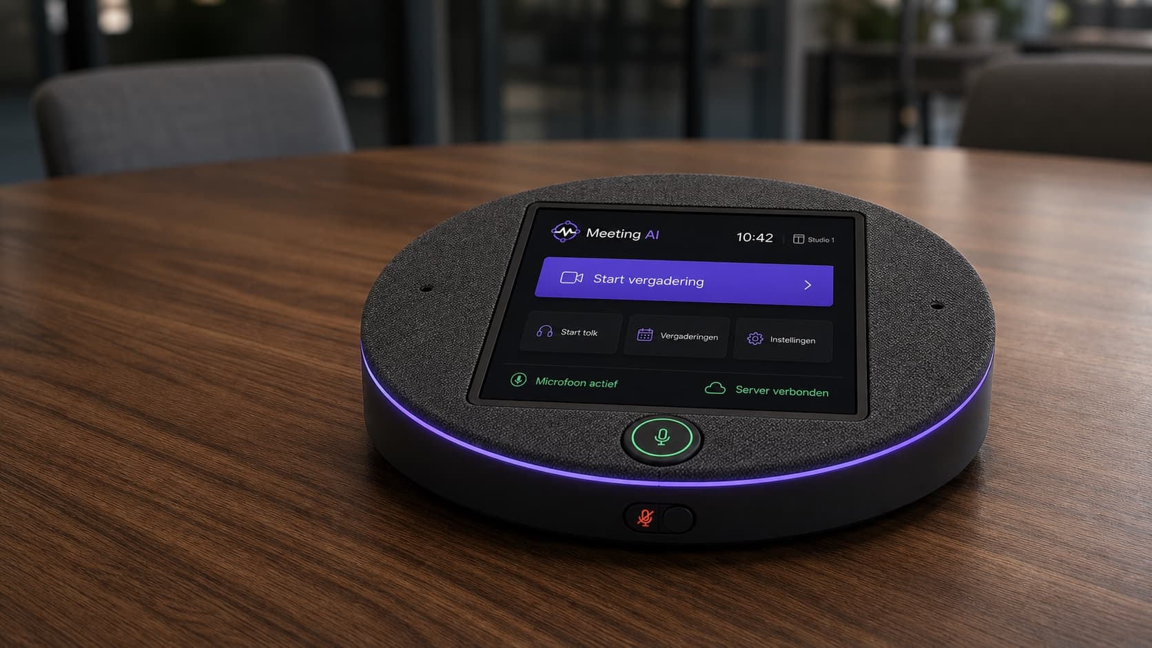 The Table Node on the boardroom table, showing the Meeting AI start screen and the violet status ring.