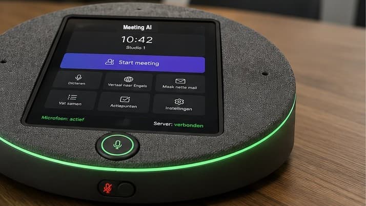 De Table Node op tafel: het touchscreen toont Meeting AI, klaar om een vergadering te starten.