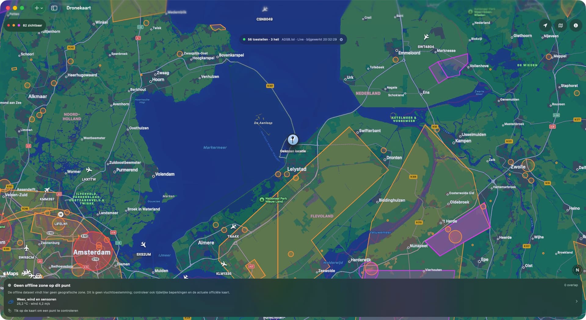 De Dronekaart in Production Companion: Nederlandse luchtruimzones met live ADS-B-verkeer.