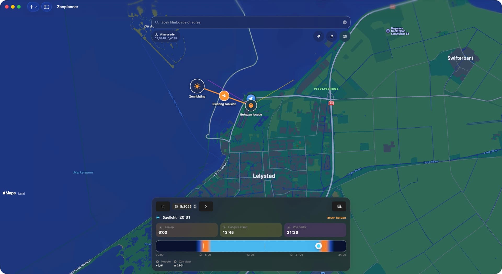 De Zonplanner: zonrichting op de kaart met de dagtijdlijn van blue hour tot zonsondergang.