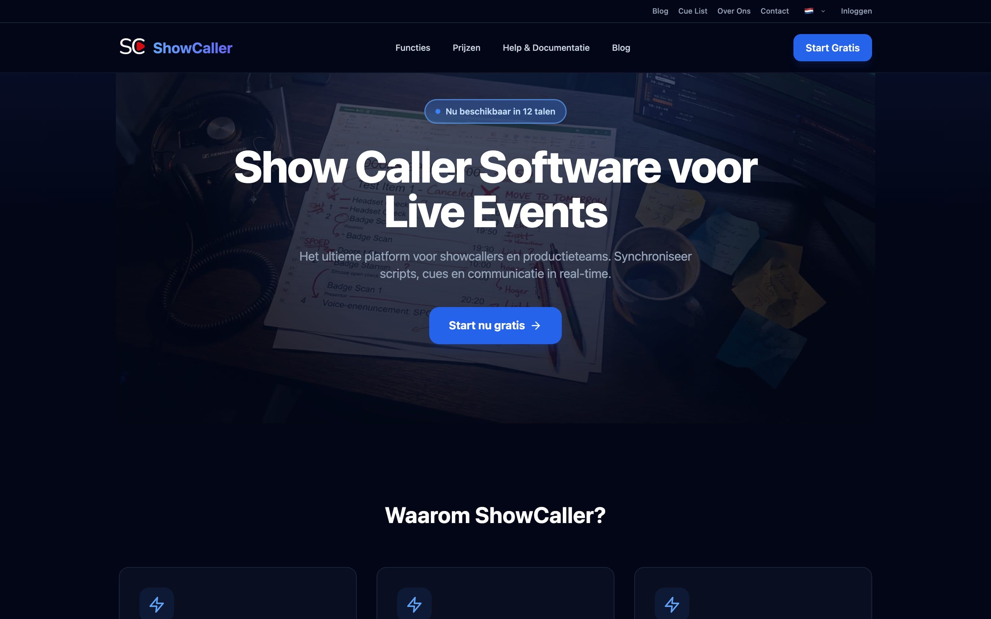De homepage van showcaller.online: show caller software voor live events.