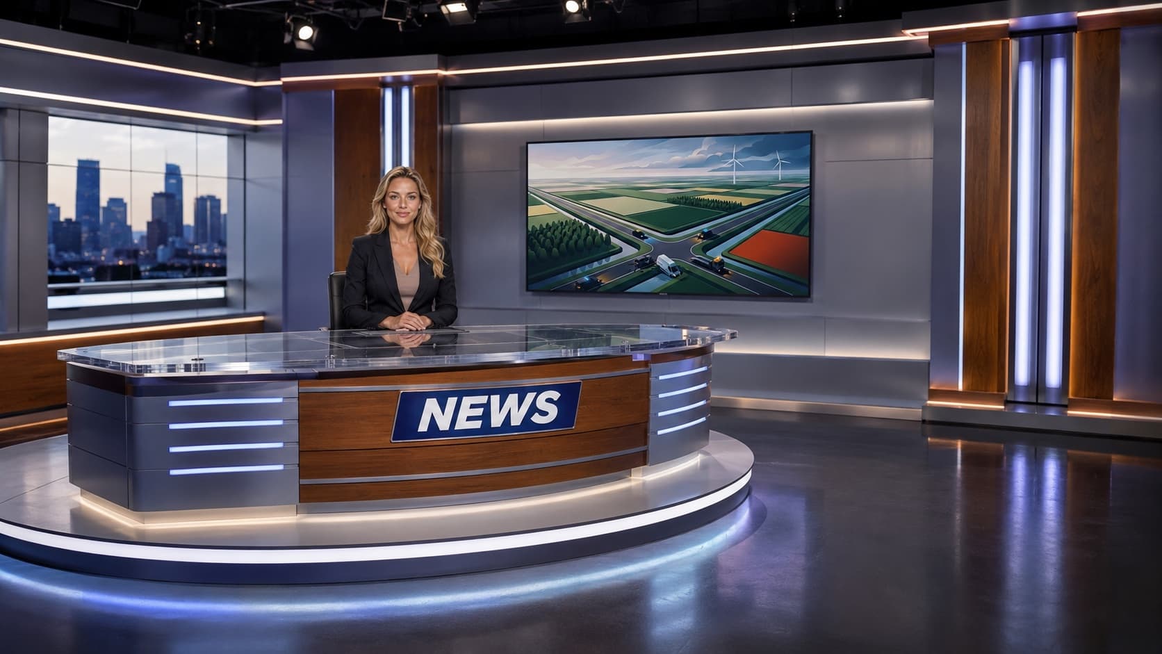 AI-gegenereerde nieuwsstudio — rechtstreeks uit de SoMe Studio-videopipeline.